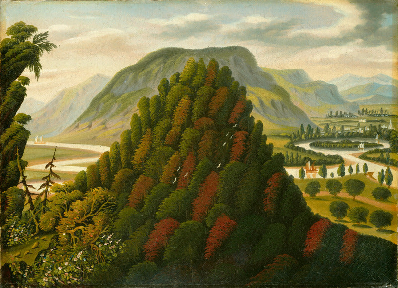 A landscape painting depicting a lush green and reddish-brown forested hill in the foreground, with mountains, a winding river, and distant buildings under a cloudy sky.