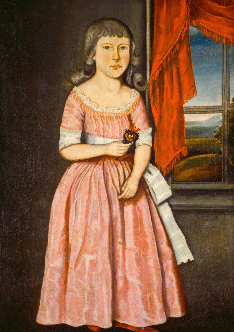 A classic oil painting portrait of a young girl with dark hair, wearing a pink dress with white sleeves, standing in front of a window with red curtains.