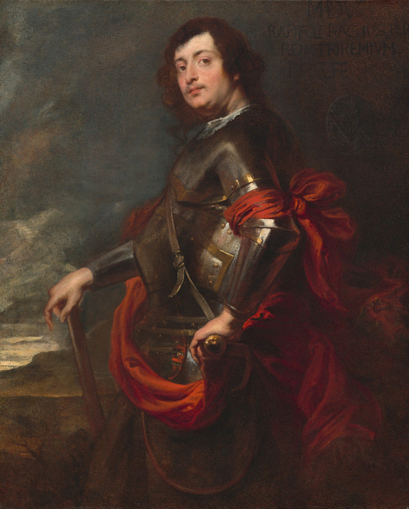 A classical oil painting portrait of a man in metallic armor with a bright red draped fabric, set against a dark painterly background.