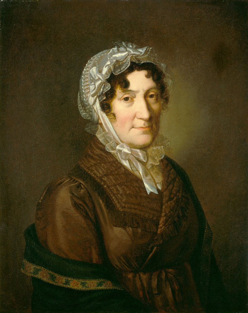 A classical portrait painting of a woman in a brown dress with a white lace bonnet, set against a dark brown background.