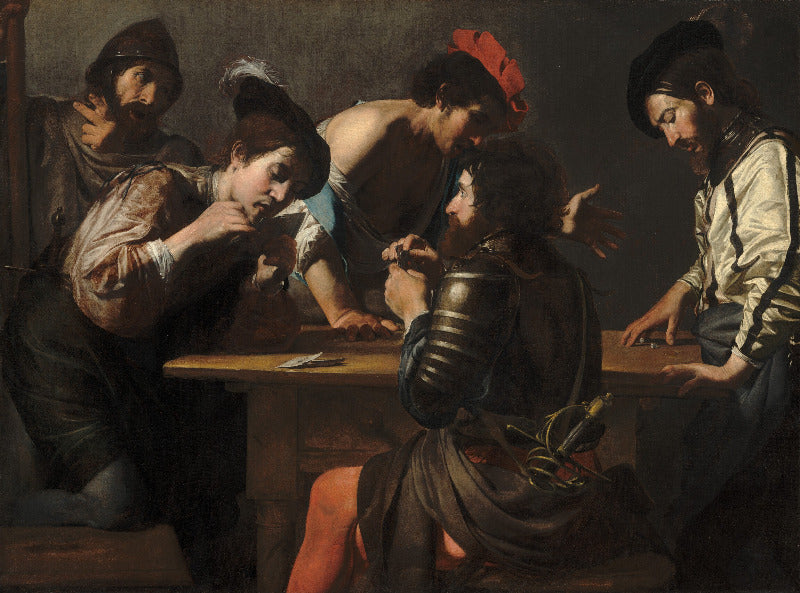 A classical oil painting depicting five figures gathered around a table in a dim interior, rendered in dark earthy tones with a small red accent on one hat.
