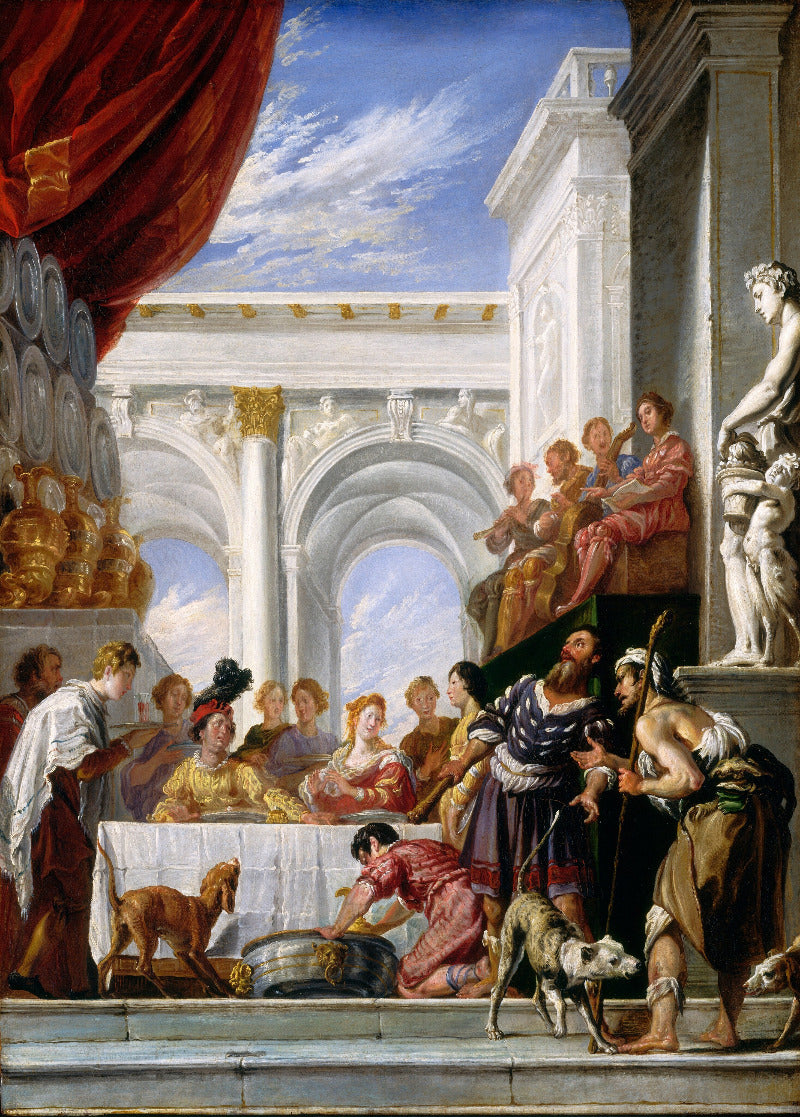 A classical painting depicting a grand architectural scene with multiple human figures, animals, a red curtain, blue sky, and white columns. The artwork appears to be the product itself rather than a photo of a physical framed item, so this fits Scenery per the schema for art/prints where the depicted scene is what is being sold.