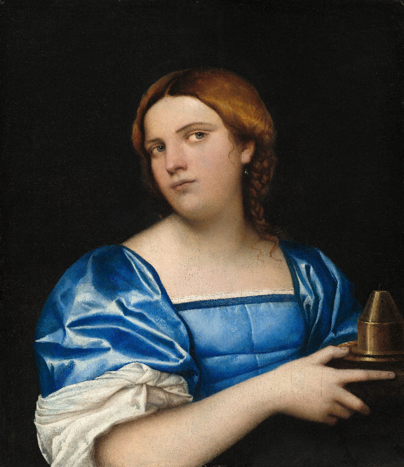Portrait of a woman in a blue dress holding a bronze pot against a dark background