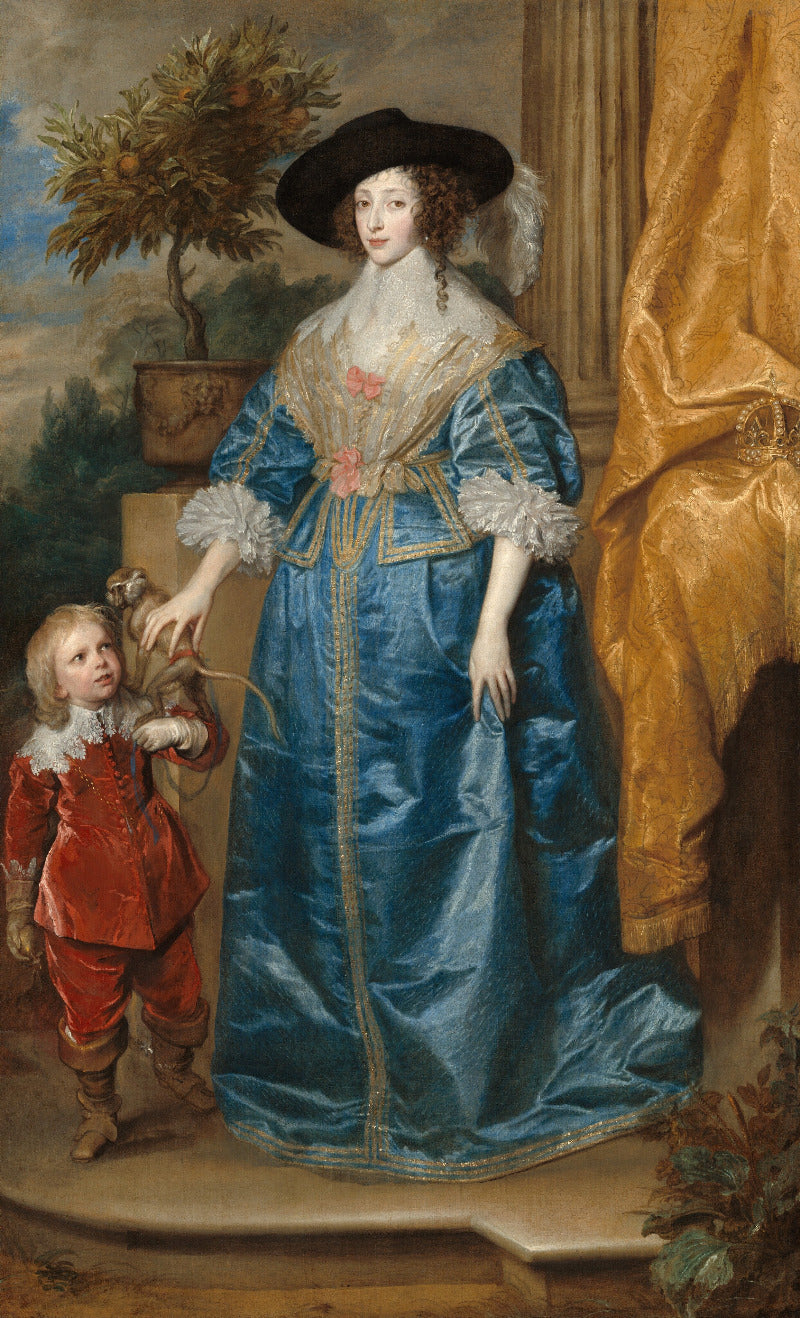 Portrait of a woman in a blue dress with a child in a red outfit, set against a classical interior.