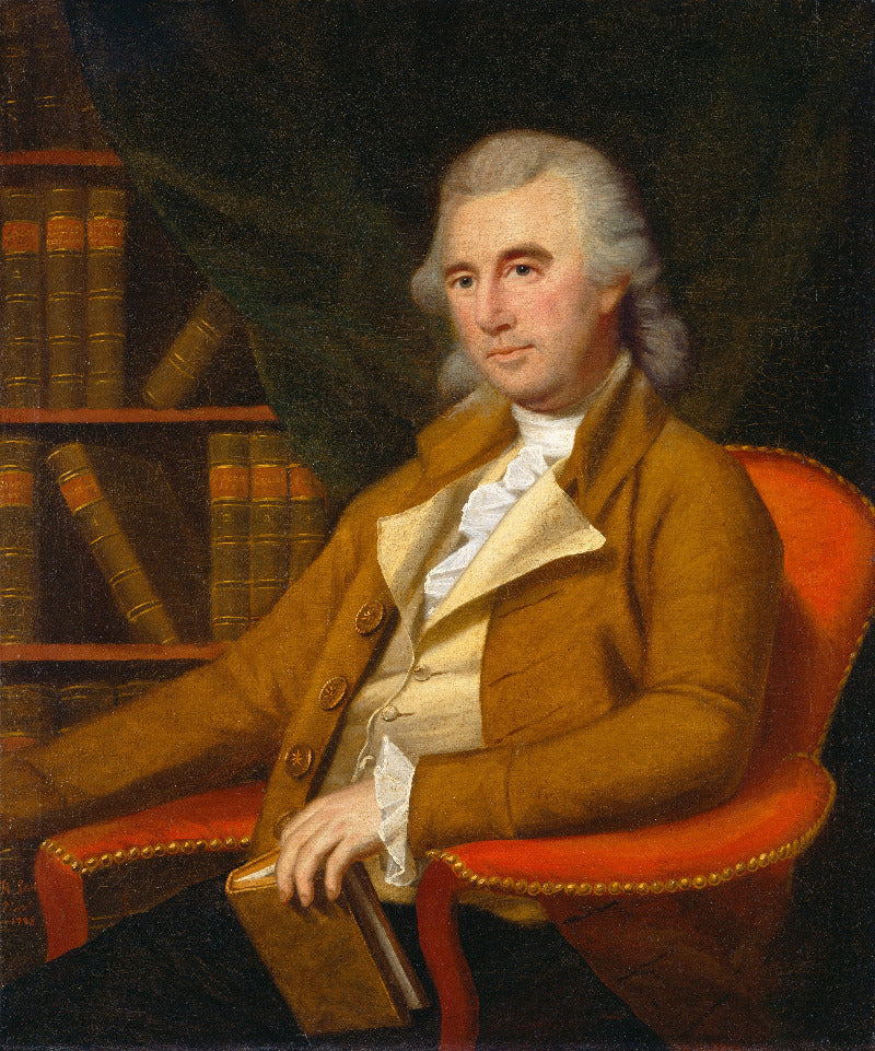A classical portrait painting of a man with white hair seated in an orange-red armchair, wearing a brown coat and cream waistcoat, with a dark bookshelf in the background.