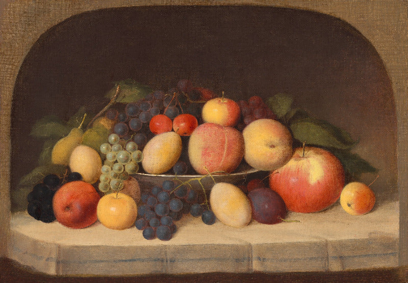 Still life painting of fruits including apples, grapes, and plums on a stone surface.