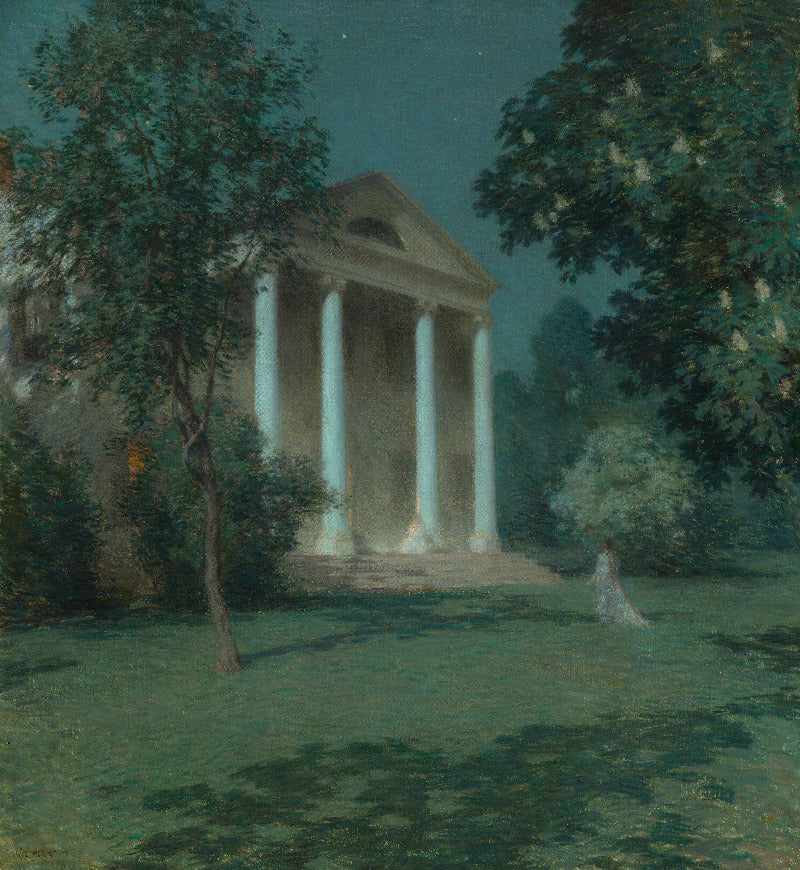 A painting of a classical building with tall columns, surrounded by trees and a grassy lawn at dusk, with a small figure standing in the foreground.