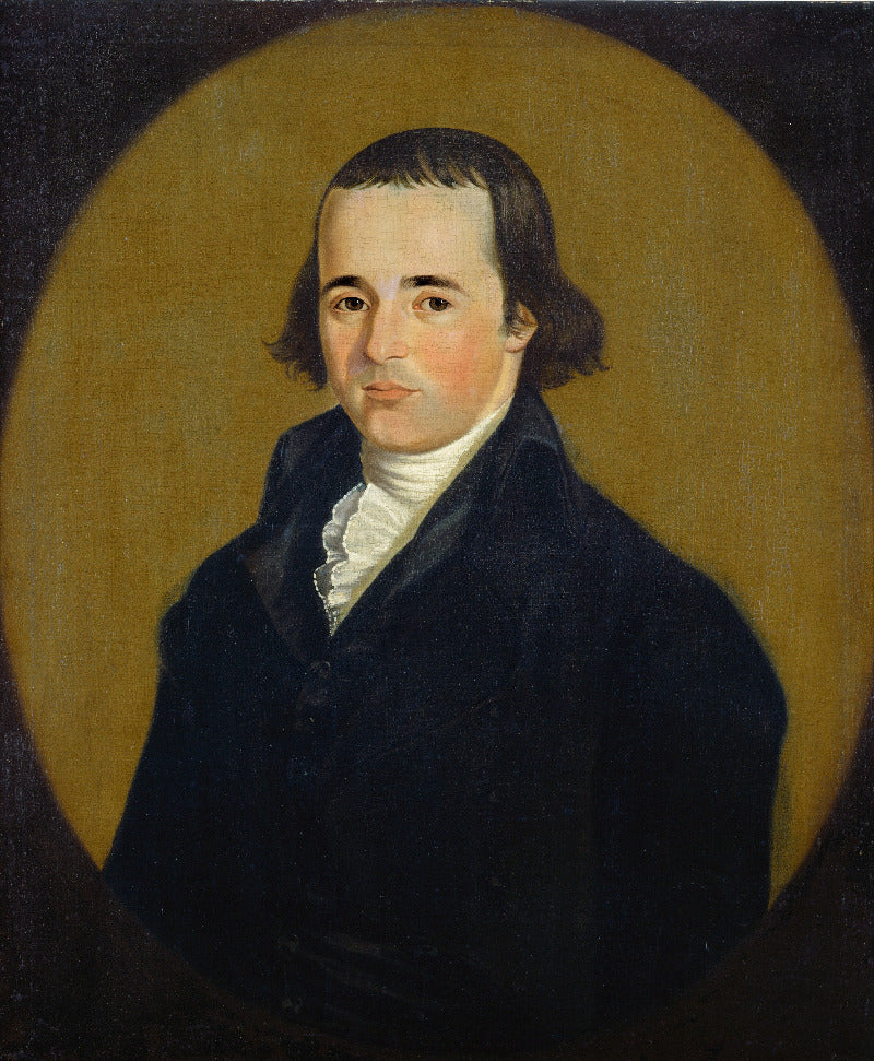 A historical oil portrait painting of a man with dark hair, wearing a dark coat and white ruffled cravat, set against a gold oval background on a dark field.