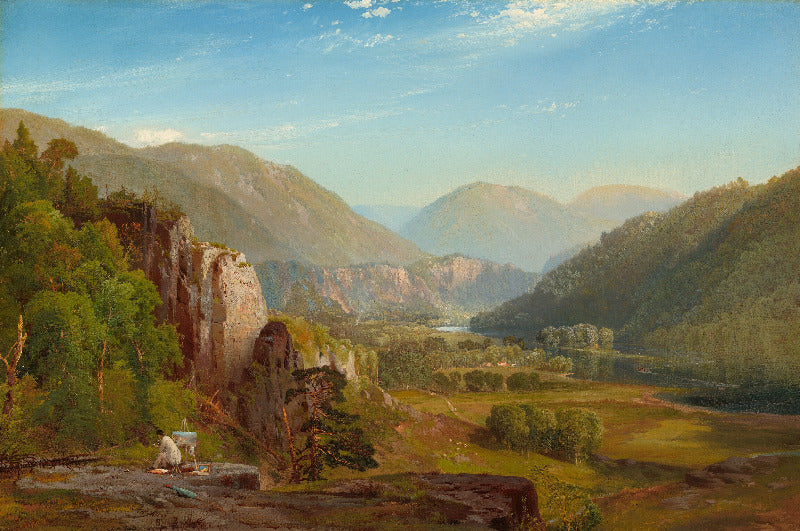 A classical landscape painting depicting a scenic mountain valley with a river, green forests, rocky cliffs, and a blue sky with light clouds.