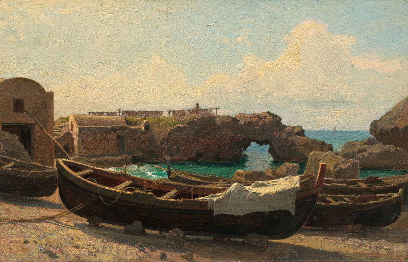 Boat on a rocky shore with a fort and ocean in the background