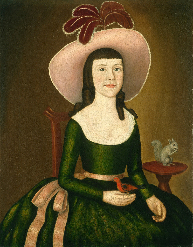 A historical-style portrait painting of a seated woman wearing a large pale pink hat with dark red feathers, a dark green dress with a white collar, and holding a small red bird. A small gray squirrel sits on a red table beside her against a dark brown background.