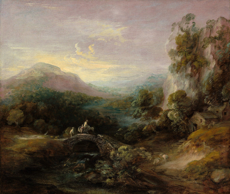 Landscape painting with a bridge, trees, and mountains under a pink sky.
