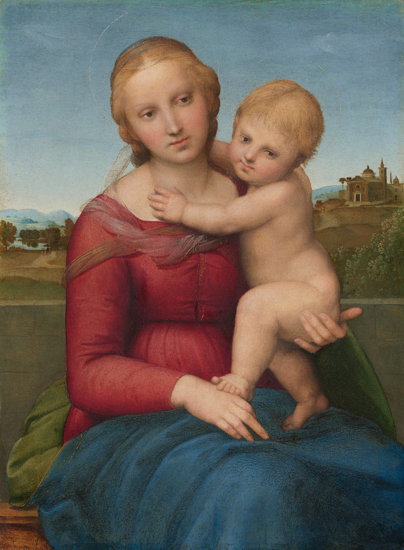 Renaissance-style painting of the Madonna and child, showing Mary in a red and blue gown holding the infant Jesus against a soft landscape background.