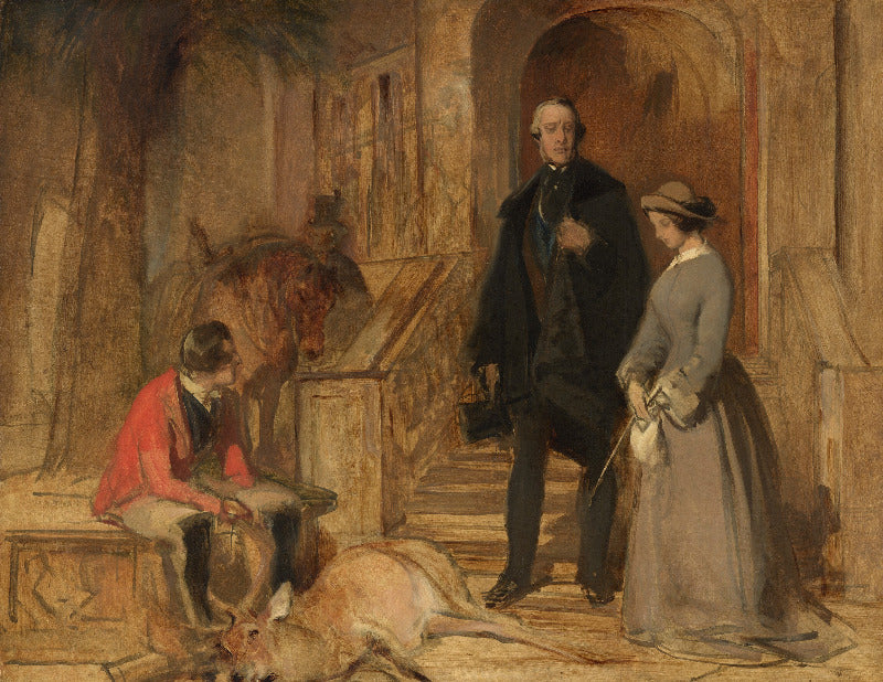 A classical oil painting depicting a historical scene with three figures and a horse in a rustic interior. A man in a dark coat stands on steps, a woman in a long gray dress stands to his right, and another man in a red jacket sits on a bench to his left.