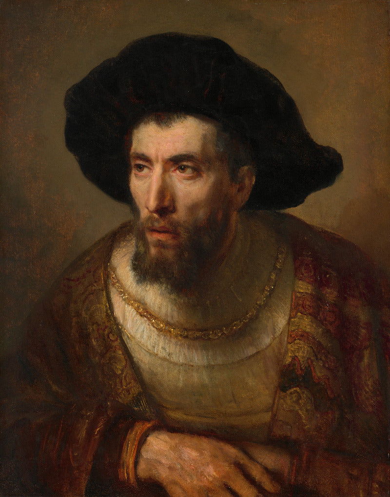A classical oil painting portrait of a bearded man wearing a large black hat and ornate gold and red patterned clothing against a dark brown background.