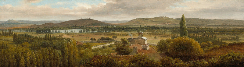 A panoramic landscape painting depicting a scenic valley with trees, rolling hills, distant mountains, and a small building near the center, rendered in warm earth tones under a cloudy sky.