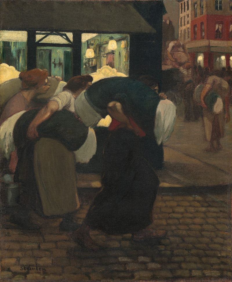 A painting of a street market scene with several people carrying heavy loads along a cobblestone path, with buildings and storefronts in the background.