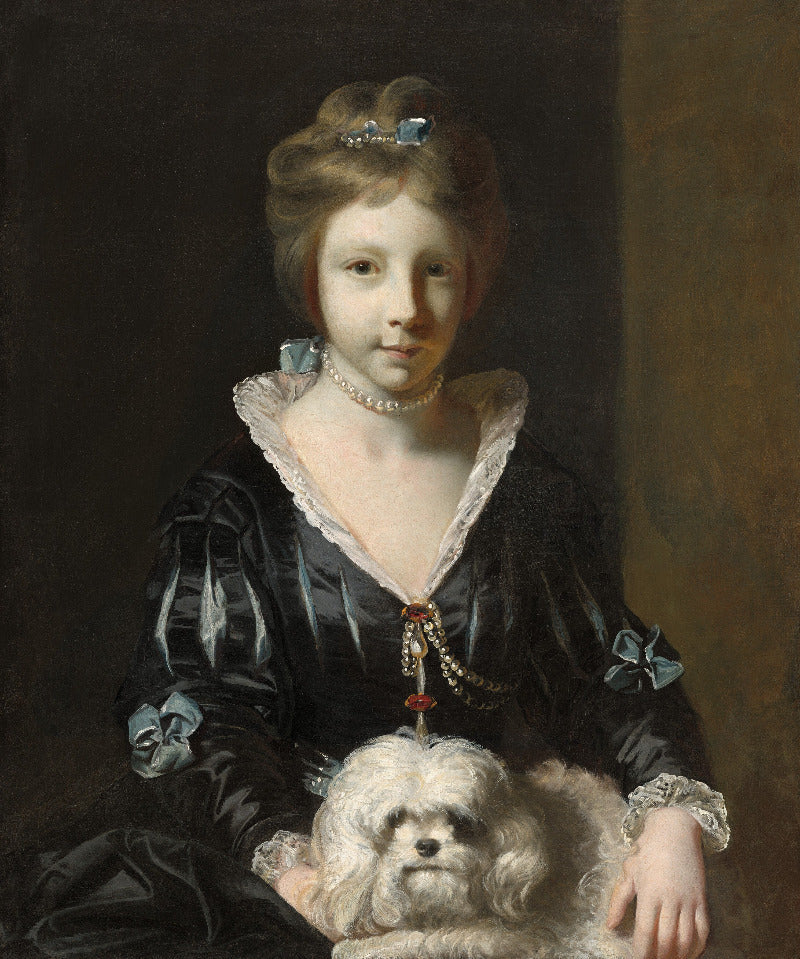 A classical oil painting portrait of a young girl in a dark dress holding a small white dog, with a dark brown background.