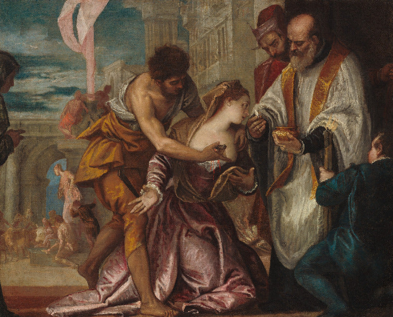 Baroque-style painting depicting a religious scene with several figures in robes, including a kneeling woman in a pink gown, a standing clergyman in white and gold, and other figures in blue and red garments, set against an architectural background.
