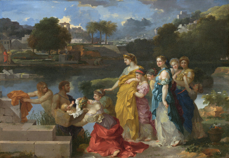 A classical painting depicting a group of women in flowing historical garments standing by a river, with men and figures working at stone blocks in the foreground. The scene includes trees, water, distant buildings, and a blue sky with clouds.