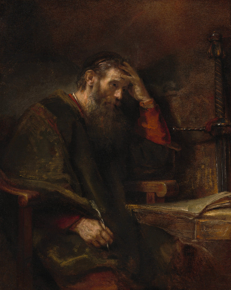Painting of a bearded man in a robe sitting at a desk with a book and quill, holding his head in his hand.