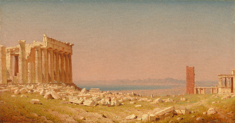 A classical landscape painting depicting ancient Greek or Roman ruins with a large temple on the left, scattered stone fragments in the foreground, a distant sea, and a reddish-brown tower on the right under a pale sky.