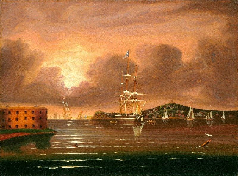 A historical oil painting of a harbor scene at sunset, featuring a large sailing ship in the center, smaller boats and sailboats on the water, a fort on the left, and a town on the right under a dramatic orange and brown sky.