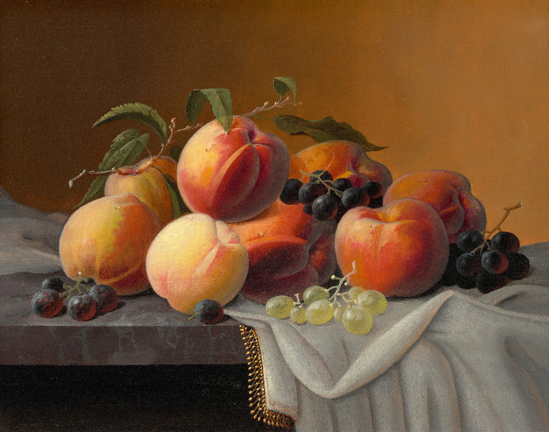 A still life painting of peaches, grapes, and a few blueberries arranged on draped white fabric over a dark surface, set against a warm brown background.
