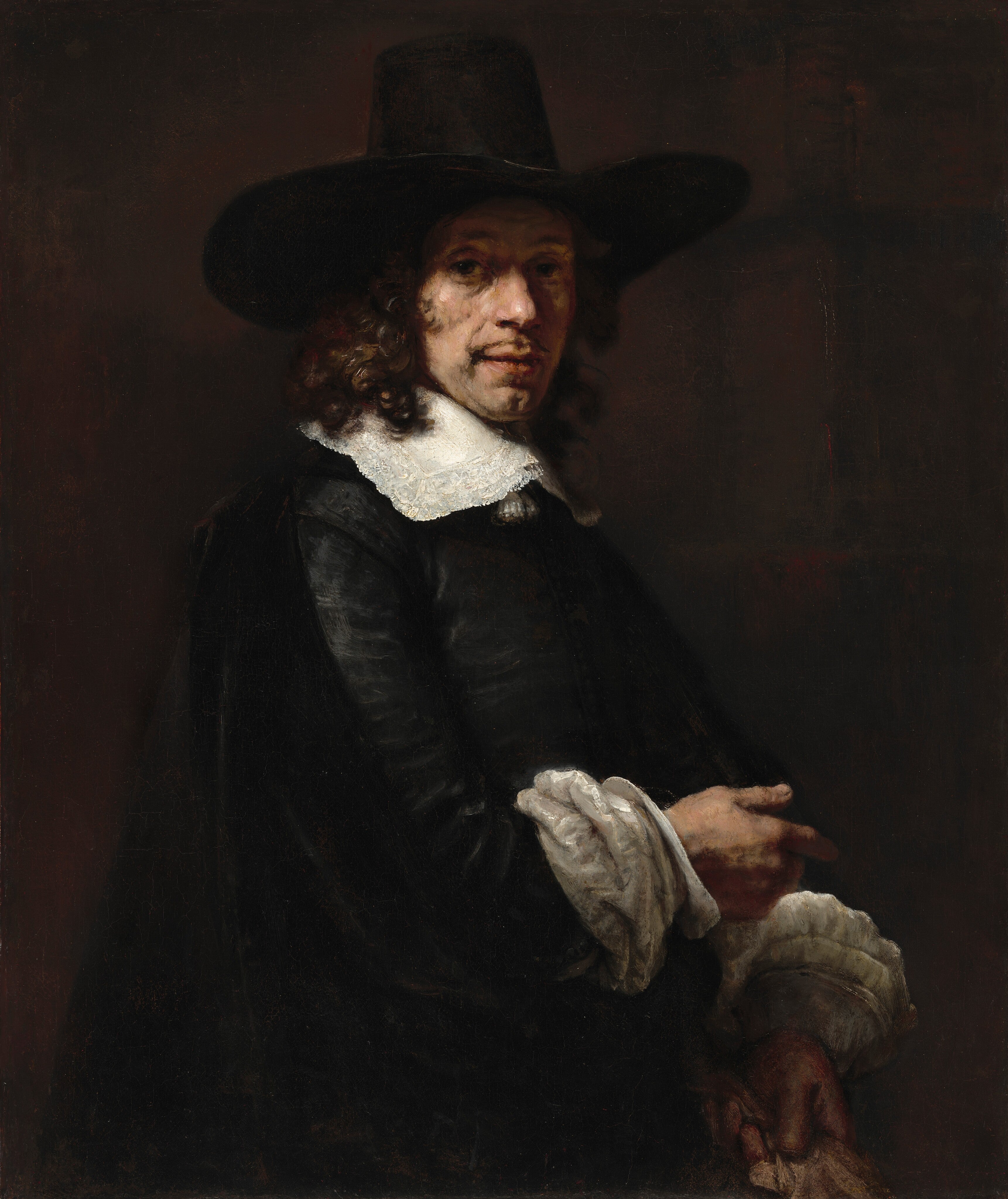 A dark Renaissance-style portrait painting of a man in a black hat and black coat with a white ruffled collar and cuffs, set against a very dark brown background.