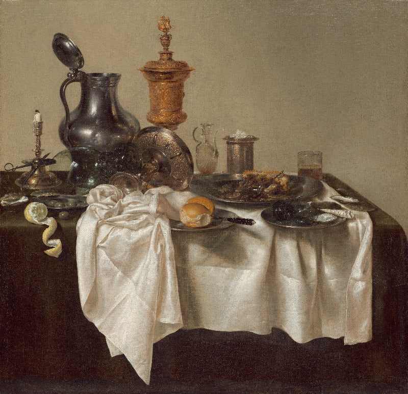 Still life painting with silver pitcher, glass, and fruit on a draped table.