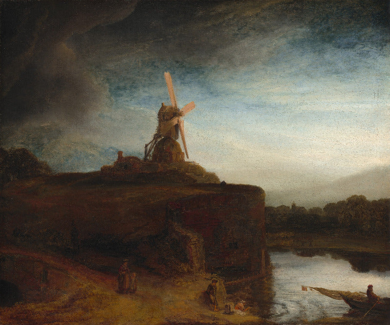 Painting of a windmill on a cliff with a body of water and figures in the foreground.
