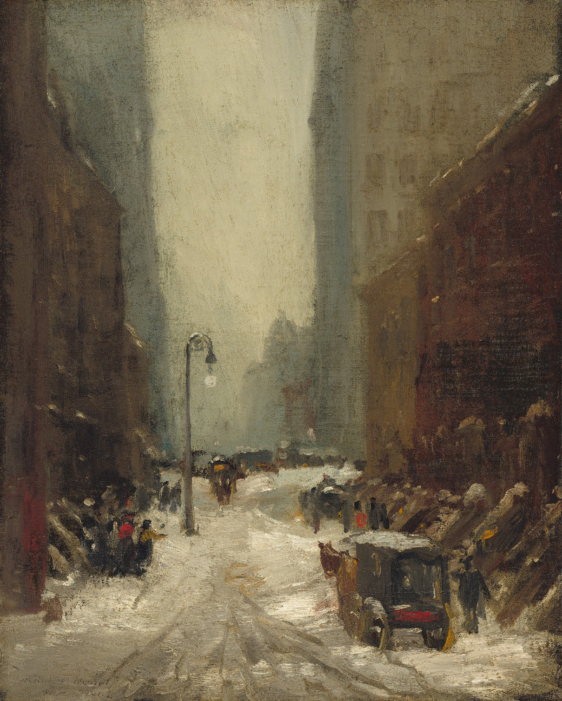 Painting of a snowy city street with horse-drawn carriages and pedestrians.