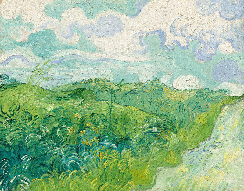 Painting of a landscape with green fields and blue sky by Vincent van Gogh.