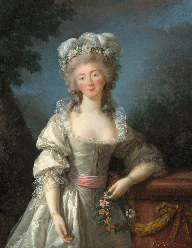 Portrait of a woman in an elaborate dress with floral decorations, set against a natural landscape.