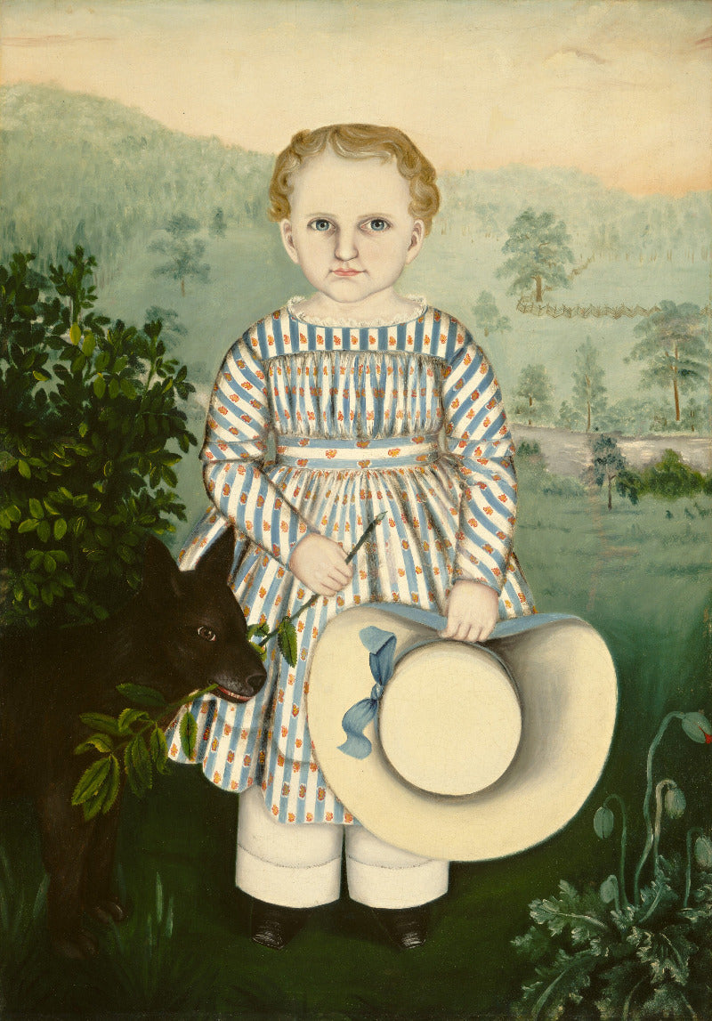 A vintage-style portrait painting of a young child standing outdoors in a striped dress and holding a wide-brimmed hat, with a dark horse at the child's side and a soft landscape background.