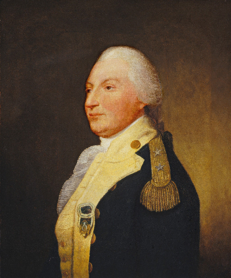 A classical portrait painting of a man in profile wearing a dark military coat with gold epaulettes and a pale yellow coat over a gray cravat, against a dark brown background.