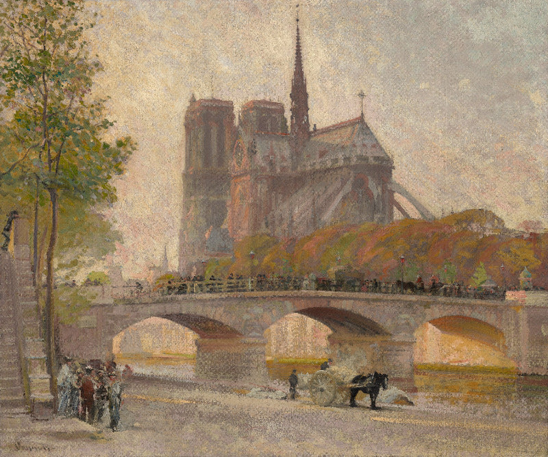 Impressionist-style painting of a Parisian scene featuring Notre Dame Cathedral, a stone bridge with pedestrians, trees, and horse-drawn carriages along the riverbank.