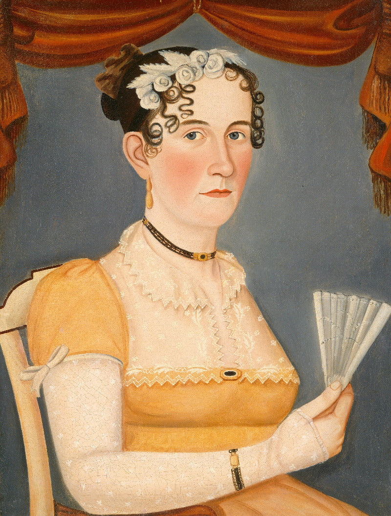 A painted portrait of a seated woman in a yellow and white dress, holding a folding fan, with a blue background and draped orange curtains behind her.