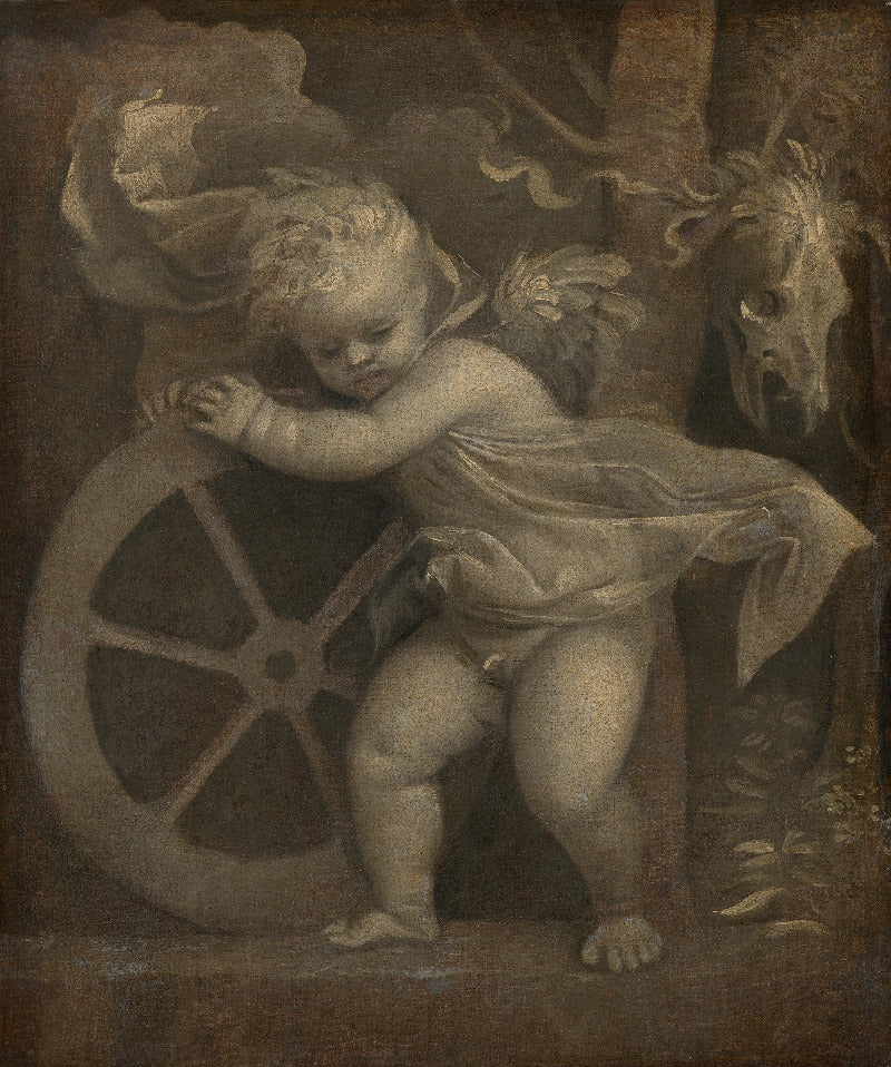 A classical painting depicting a cherub pushing a large wheel, rendered in muted sepia and brown tones with draped fabric and a dark, atmospheric background.