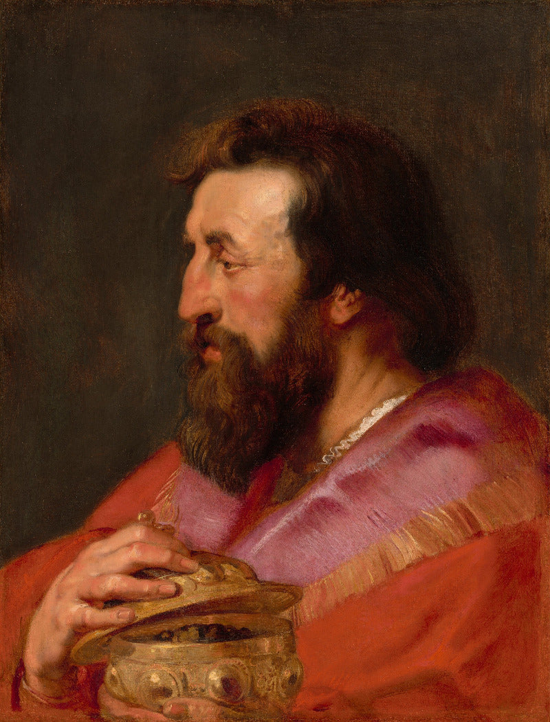 Portrait of a man with a beard holding a helmet, wearing a red robe with gold trim.