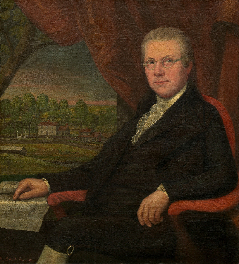A historical portrait painting of a man in a dark suit and white cravat seated in a red chair, with a landscape and draped curtain in the background.