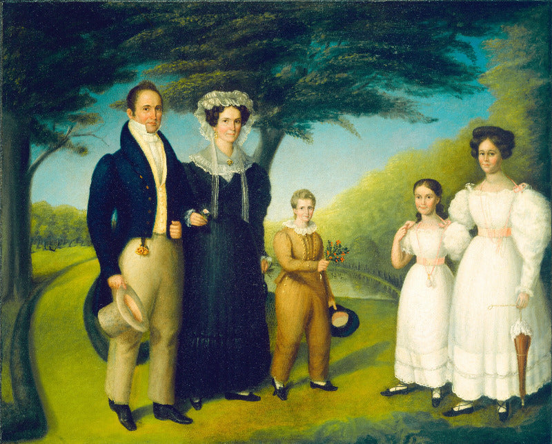 A classical family portrait painting depicting five people outdoors under a large tree, with a man in a dark coat and light trousers, a woman in a dark dress with a white lace headpiece, a young boy in tan clothing, and two girls in white dresses.