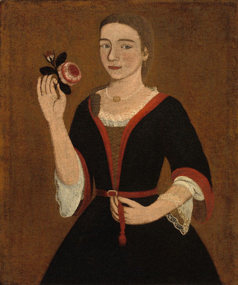A portrait painting of a woman in a dark dress holding a pink rose against a brown background.