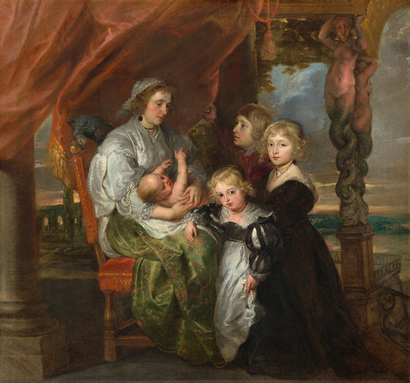 A classical oil painting depicting a family scene under draped red fabric, with a seated woman holding a baby, two standing children, and architectural columns and a distant landscape in the background.