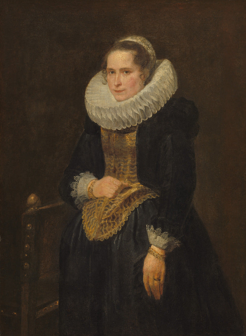Portrait of a woman in historical attire with a white ruffled collar against a dark background