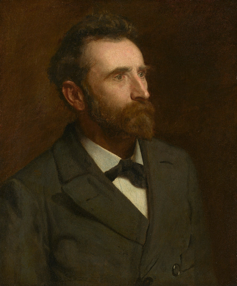 A classical oil painting portrait of a bearded man in a dark gray suit and bow tie, looking off to the side against a dark brown background.