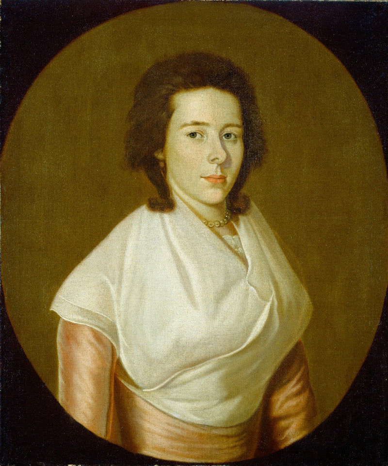 A classical oval portrait painting of a woman with dark hair, wearing a white draped shawl and a peach-colored dress, set against a dark brown background.