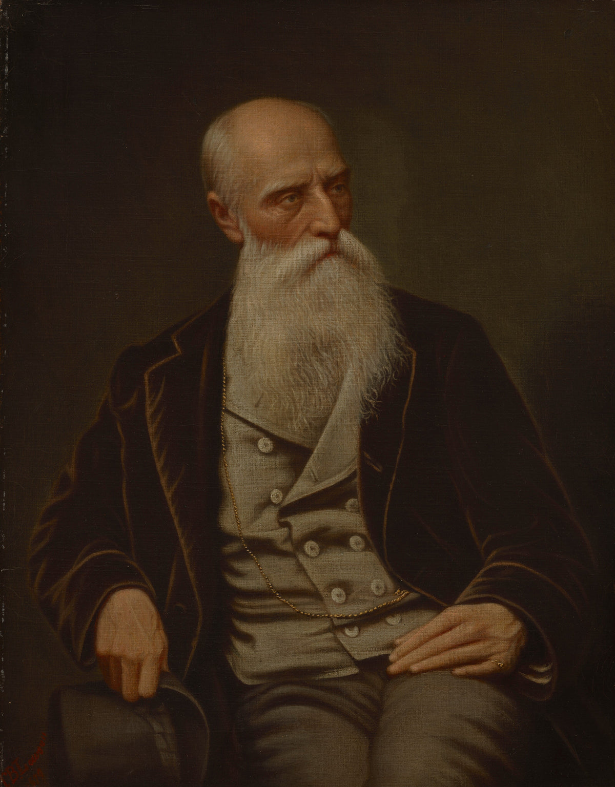 A classical oil painting portrait of an elderly man with a long white beard, wearing a dark velvet jacket over a gray double-breasted vest, seated against a dark brown background.