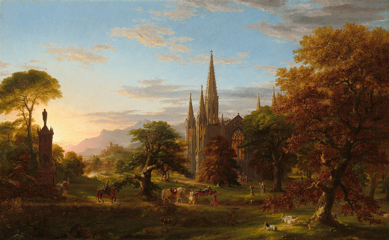 Landscape painting of a cathedral with trees and people in the foreground