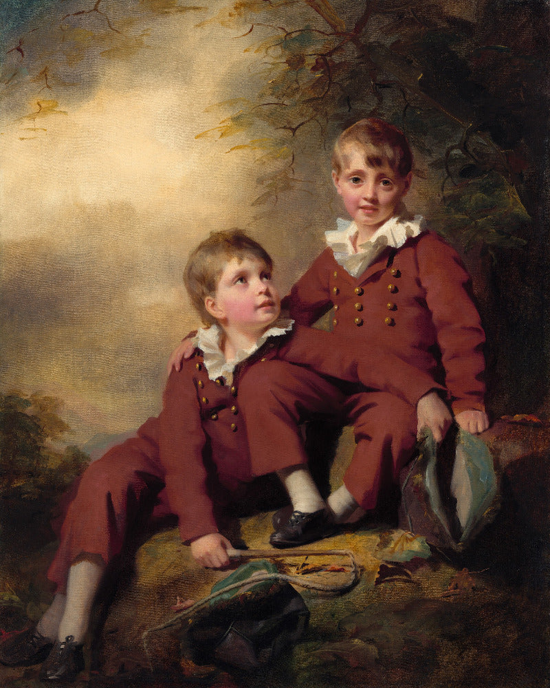 A classical oil painting depicting two young boys in matching reddish-brown doublets with white ruffled collars, seated outdoors under a cloudy sky with trees in the background.